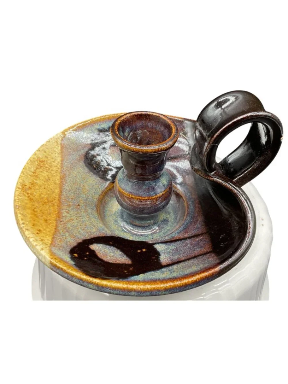 Handmade Ceramic Chamberstick Candle Holder Multicolor Glaze Curve Handle Signed